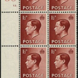 #465 GB 1936 1½d sg459 RARE CONTROL A/36 CYL 12 DOT (PERF TYPE 2A) um blk of 6
