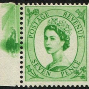 #501 GB 1958 7d sg580 DRAMATIC INKING FLAW, um on stamp & sheet margin