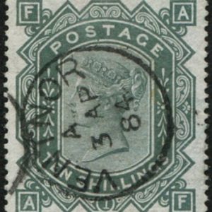 #266 GB 1867 10s GREEN sg131 (BLUED PAPER) wmk anchor Deep Shade vfu, well centred crisp Ventnor 1884 cds