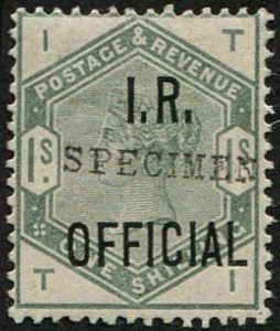 #556 GB  Officials 1883 IR 1s sgO7s ovpt Specimen TYPE 9, f mint, good colour. Scarce, RPS Cert