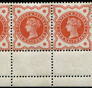 #426 GB 1887 ½d sg187 no control perf margin, brown-orange corner strip of three