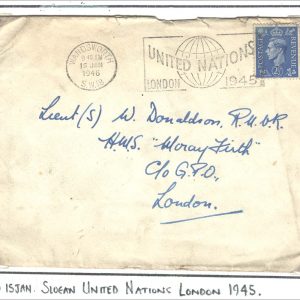 #595 GB 1946 Neat cover, United Nations, London 1945 slogan addr to MMS Moray