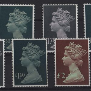 #677 GB 1977 Machin large £1 - £5 set of 8 incl £1.30, etc um sg1026-1028