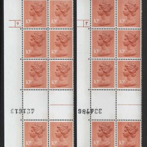 #678 GB 1979 Machin 10p PVAD 2B Chambon gutter blk of 8 cyl 9 p34 um ++