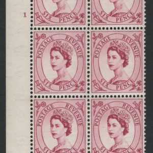 #603 GB 1952 Tudor wmk 6d cyl 1 no dot corner blk of 6 perf IP um sg523