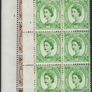 #630 GB 1960 Phosphor 5d cyl 1 dot perf IE and 7d 1 dot perf PE, corner blks of 6