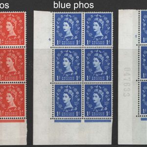 #626 GB 1960 Cyl blocks: Blue phosphor white paper ½d cyl 1 dot & 1d cyl 4 no dot um+