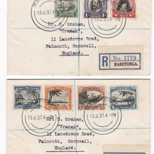 #128 Cook Is 1932 ½d - 1s set of 7 vfu on 2 registered covers