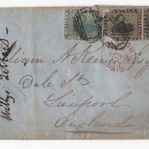 #995 Western Australia 1857 Fair cover to Liverpool franked imperf pair 1d black swans