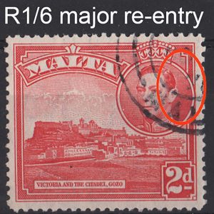 #884 Malta 1938 2d scarlet sg221b vfu with r1/6 major re-entry