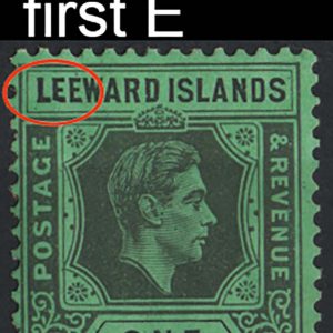 #847 Leeward Is 1938 1s black/emerald sg110 vf mint with the r3/4 damaged 1st E variety
