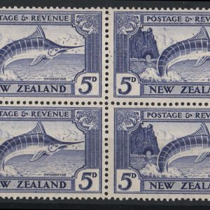 #918 New Zealand 1936 5d swordfish multiple wmk perf 13-14x13½ sg584 vf mint blk of 4