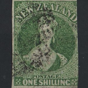 #915 New Zealand 1864 Chalon head wmk 'NZ' 1s green imperf, vgu, 3 good margins