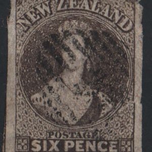 #914 New Zealand 1864 Chalon head wmk large star 6d brown imperf, used