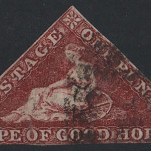 #105 Cape of Good Hope 1863 1d brownish-red Triangular sg18c, fu 2 good margins