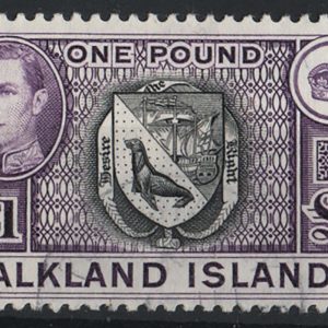 #137 Falklands 1938 £1 black & violet vfu, very light cancel sg163
