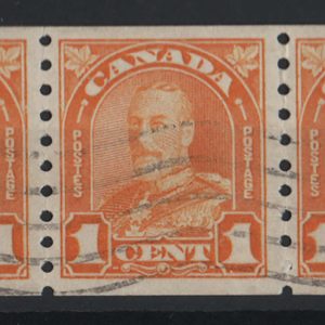 #098 Canada 1930 1c orange imperf x p8½ sg304 fu coil strip of 3 c£57