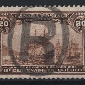 #091 Canada 1908 Quebec 20c fu, neat large 'R' cancel sg195 c£180