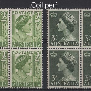 #021 Australia 1950 2d coil blk of 4 sg237b, then 1953 3d coil block of 4 um
