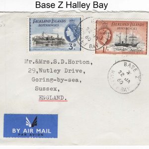 #138 Falklands 1960 Neat Airmail cover to UK franked 1/3d BASE Z HALLEY BAY cds