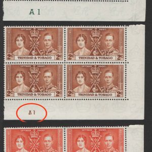 #981 Trinidad & Tobago 1937 Coronation set in um plate blks of 4