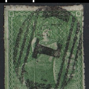 #043 Barbados 1860 (½d) yellow-green no wmk, pin perf 14 fu sg13 c£450