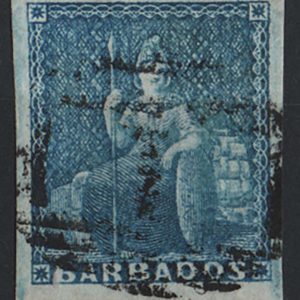 #041 Barbados 1855 (1d) pale blue, white paper vfu, good margins sg9 c£85