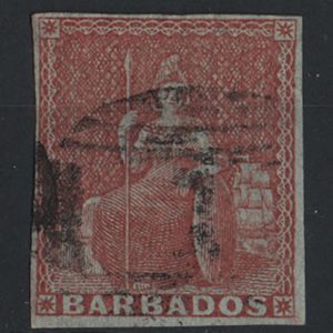#038 Barbados 1852 (4d) brownish-red, blued paper vfu, four margins sg5 c£275
