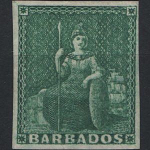 #039 Barbados 1855 (½d) green, white paper vf mint, good margins sg8 c£190