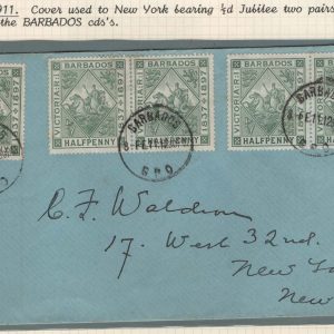 #052 Barbados 1911 Neat cover to New York franked 5x Jubilee ½d, fu