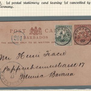 #048 Barbados 1900 ½d brown postal card uprated ½d adhesive fu to Bavaria