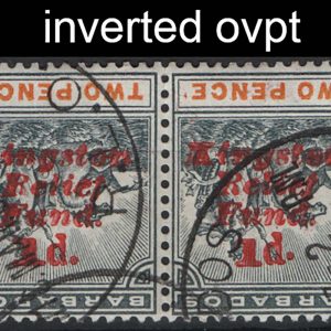 #051 Barbados 1906 Kingston relief fund 1d on 2d ovpt inverted sg153a vfu cds