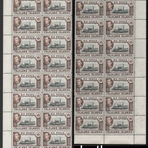 #135 Falklands 1938 6d black & sepia sg155a in impressive um blks of 16 & 20