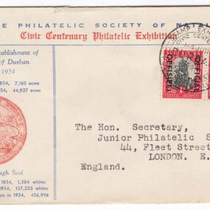 #944 South Africa 1954 Durban Philatelic Exhibition illustrated cover to London