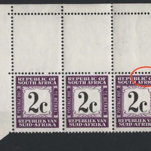 #949 South Africa 1967 Postage Dues 2c wmk RSA corner strip of 3 with r1/3