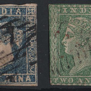 #809 India 1854 ½a pale blue sg3 vgu, also 2d green sg31 margins as scan c£145