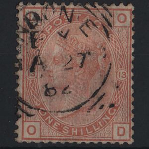#386 GB 1880 1s plate 13 wmk crown vfu, neat squared cds sg163, good colour
