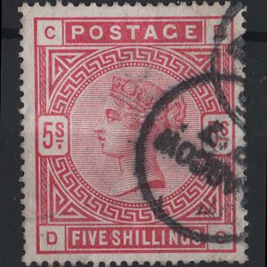 #405 GB 1883 5s rose sg180 fu, neat cds, couple nibbled perfs, clear profile c£130