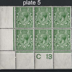 #518 GB 1912 ½d green sg351 um control C13(P) corner blk of 6 plate 5 w dot under H