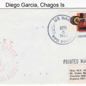 #077 British Indian Ocean 1983 Neat US Navy cover to UK, FPO96685 cds, map cachet