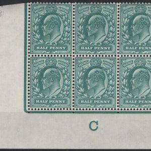 #454 GB 1902 ½d blue-green vf mint control C block of 6 from the right pane, sg215