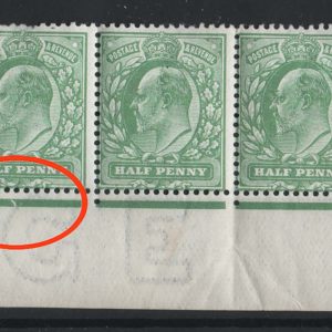 #459 GB 1902 ½d yellow-green marginal strip of 5 from plate 57a