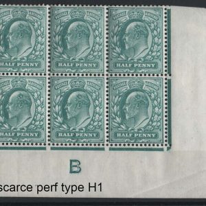 #453 GB 1902 ½d blue-green vf mint control B co-extensive rule block of 6 perf H1