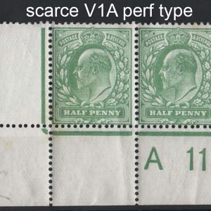 #486 GB 1911 ½d dull yellow-green, perf 14 A11 corner pair, perf V1A, um, sg268