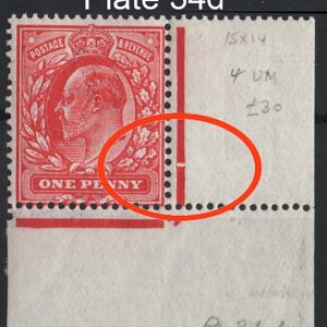 #494 GB 1911 1d rose-carmine perf 15x14 um corner single from plate 34d, sg281