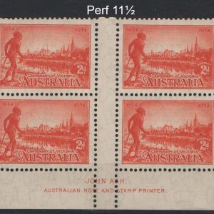 #020 Australia 1934 Victoria Centenary 2d p11½ um Ash imprint gutter blocks of 4