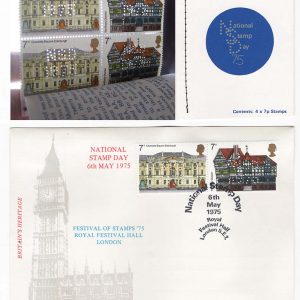 #674 GB 1975 Architecture 7p National Stamp Day perfin booklet and first day cover