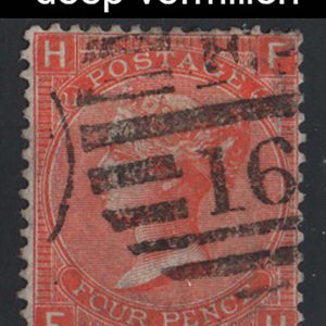 #310 GB 1865 4d deep vermillion plate 11 fu, good colour, crisp duplex sg95