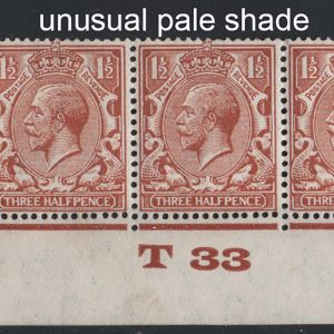 #572 GB 1924 1½d T33 corner strip of 3 in an unusual pale orange-brown shade f mint