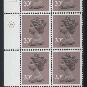 #757 GB Machin cyl blks 20p deep sepia & purple Waddington cyl 23A15B no dot um